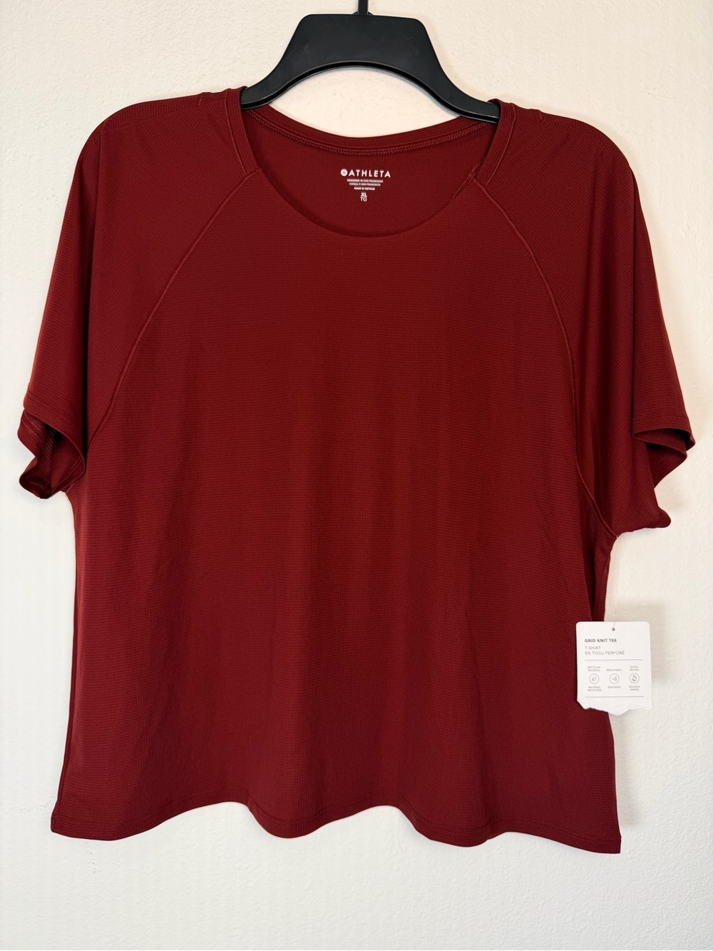 Athleta Grid Knit Tee XL Redwood Burgundy Cropped NWT